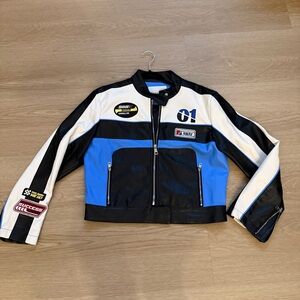 Fashion Nova Around The Track Blue/Black Leather Jacket Size Large